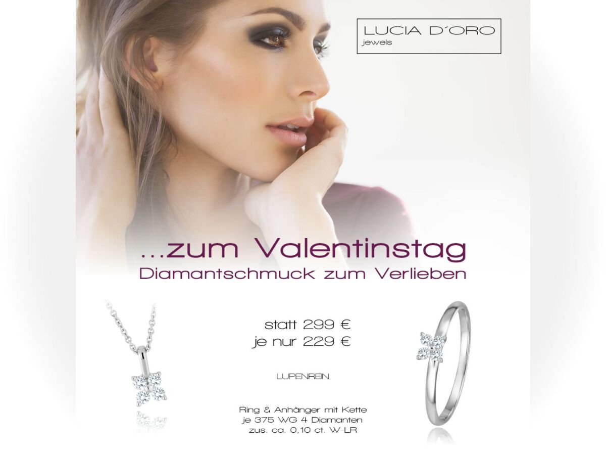 Unser Valentins-Angebot: Ring & Anhänger mit Kette, je 375 WG, 4 Diamanten, zusammen ca. 0,10ct. W-LR. Statt 299 € - Je nur 229 €* „Diamonds Are the Girls Best Friends“